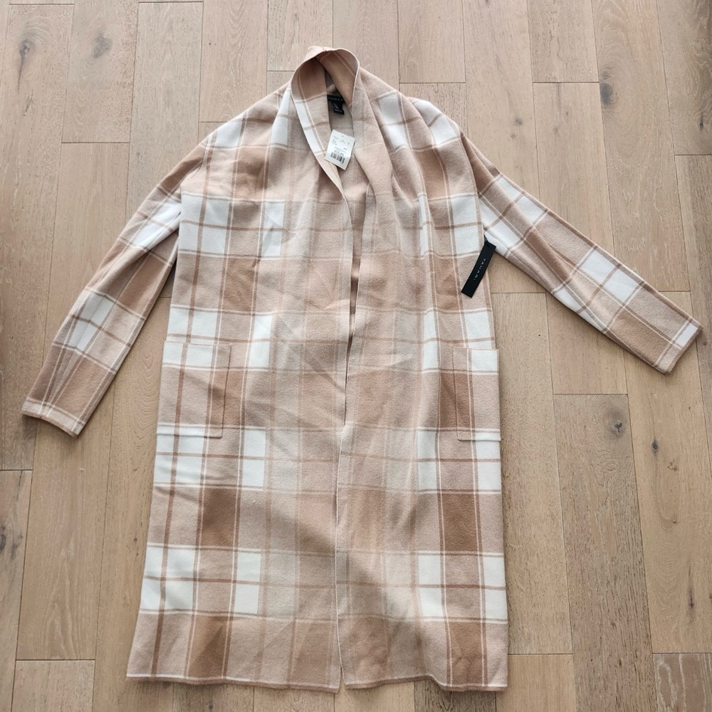 Tahari Cream and Tan Plaid Open-Front Coatigan